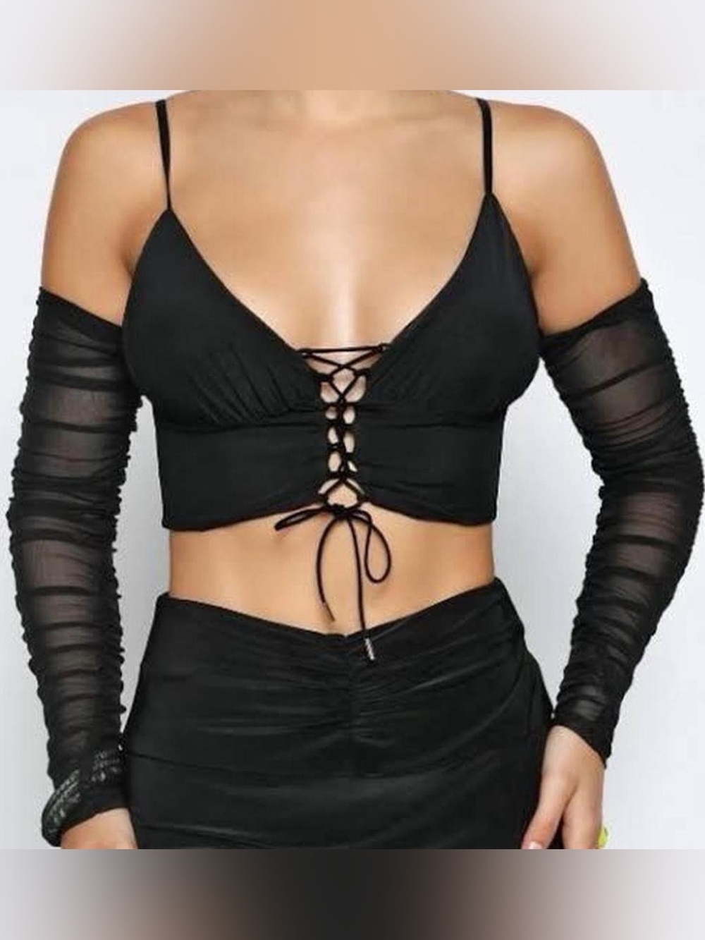 Tiger Mist Black Lace-Up Crop Top with Sheer Sleeves